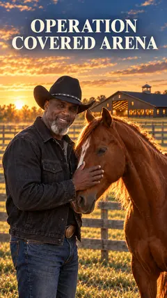 Operation Covered Arena artwork featuring Michael Maraia with a horse at sunset